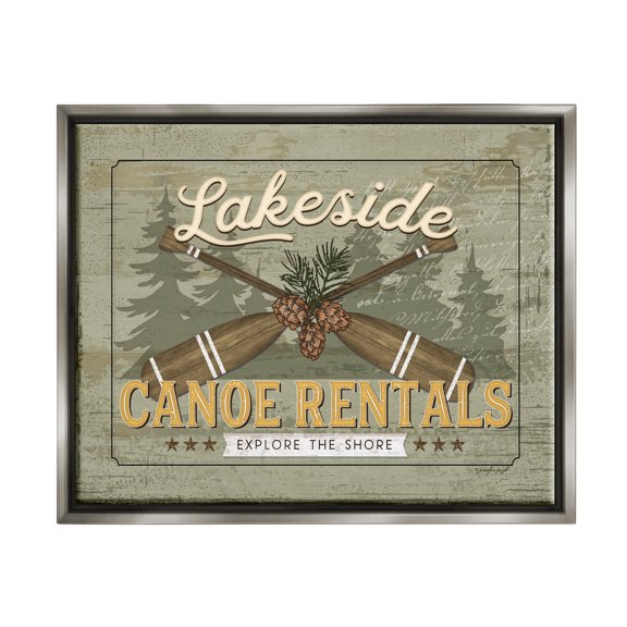 Stupell Lakeside Canoe Rentals Vintage Rustic Landscape Painting Gray Floater Framed Art Print Wall Art
