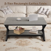 STRICWARM Gray Coffee Tables for Living Room, 39 Inch Wooden Coffee Table with Round Corner, Modern Minimalist 2-Tier Storage Center Table for Small Space, Apartment, Office
