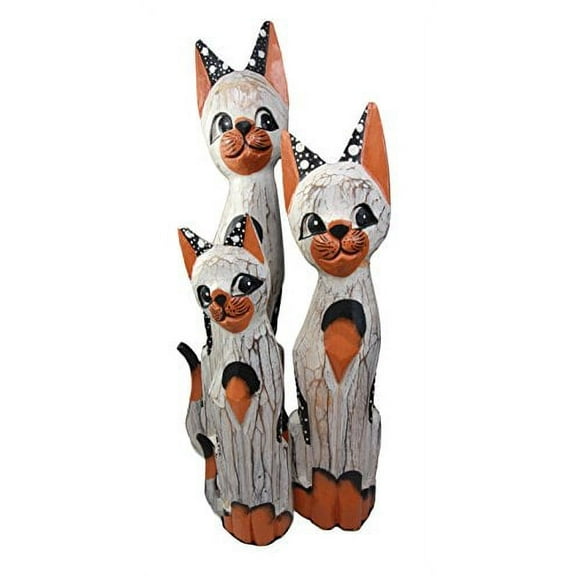 Balikraft Hand Made Wood Artisans "Kucing Oren" Large Orange Polka Feline Cats Family Set of 3 Decorative Figurines 20"H