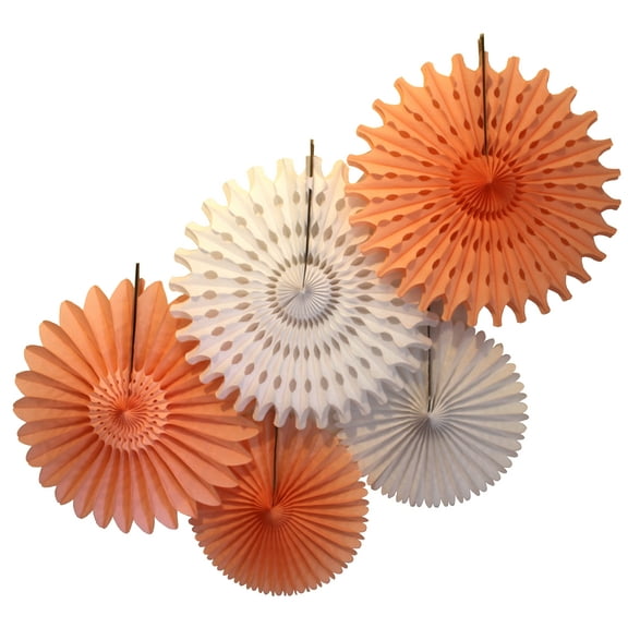 Devra Party Peach and White Large Tissue Paper Fan Decorations, 13 and 18 Inches (5 Piece)