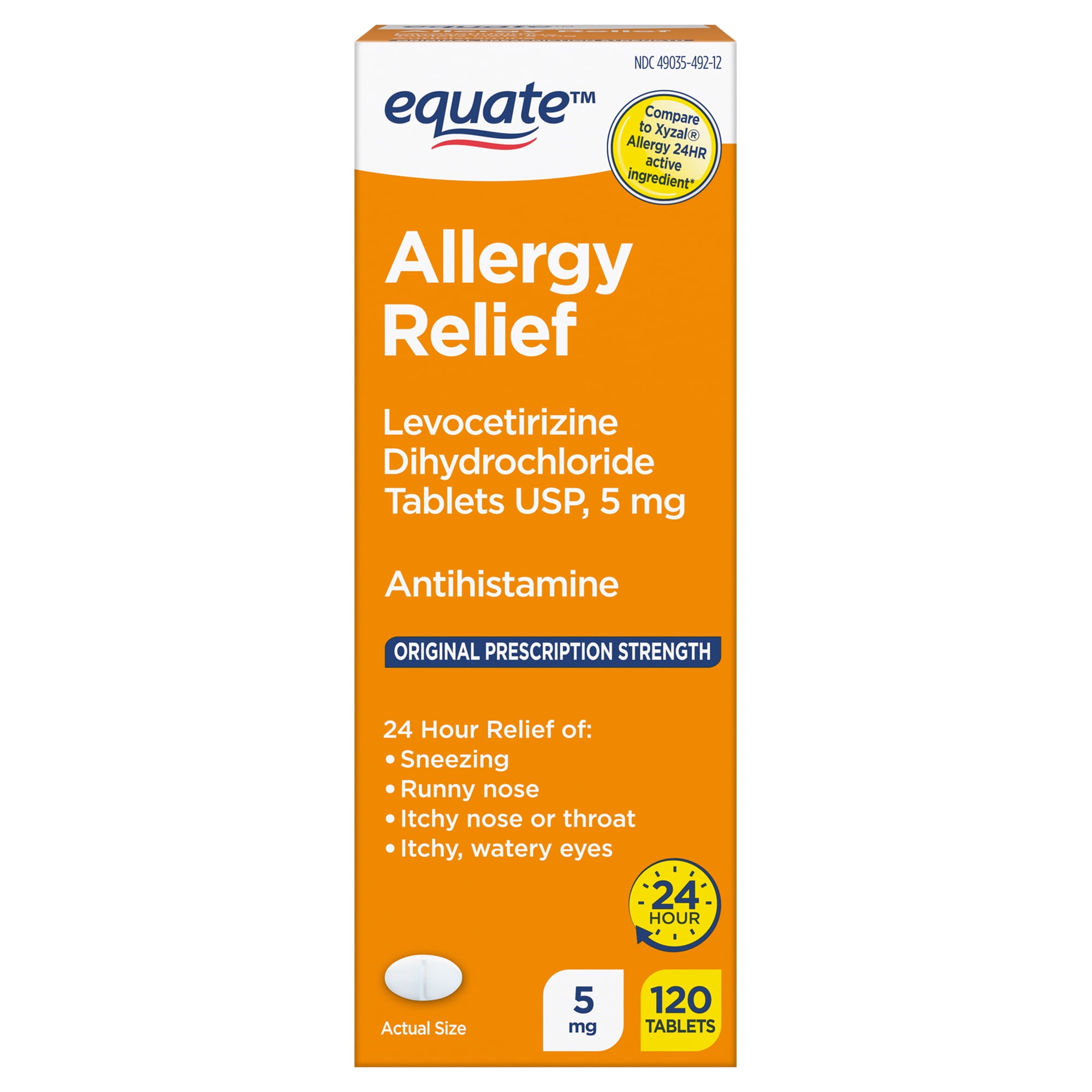 Equate Levocetirizine Dihydrochloride USP Allergy Relief Tablets, 5 mg, 120 Count
