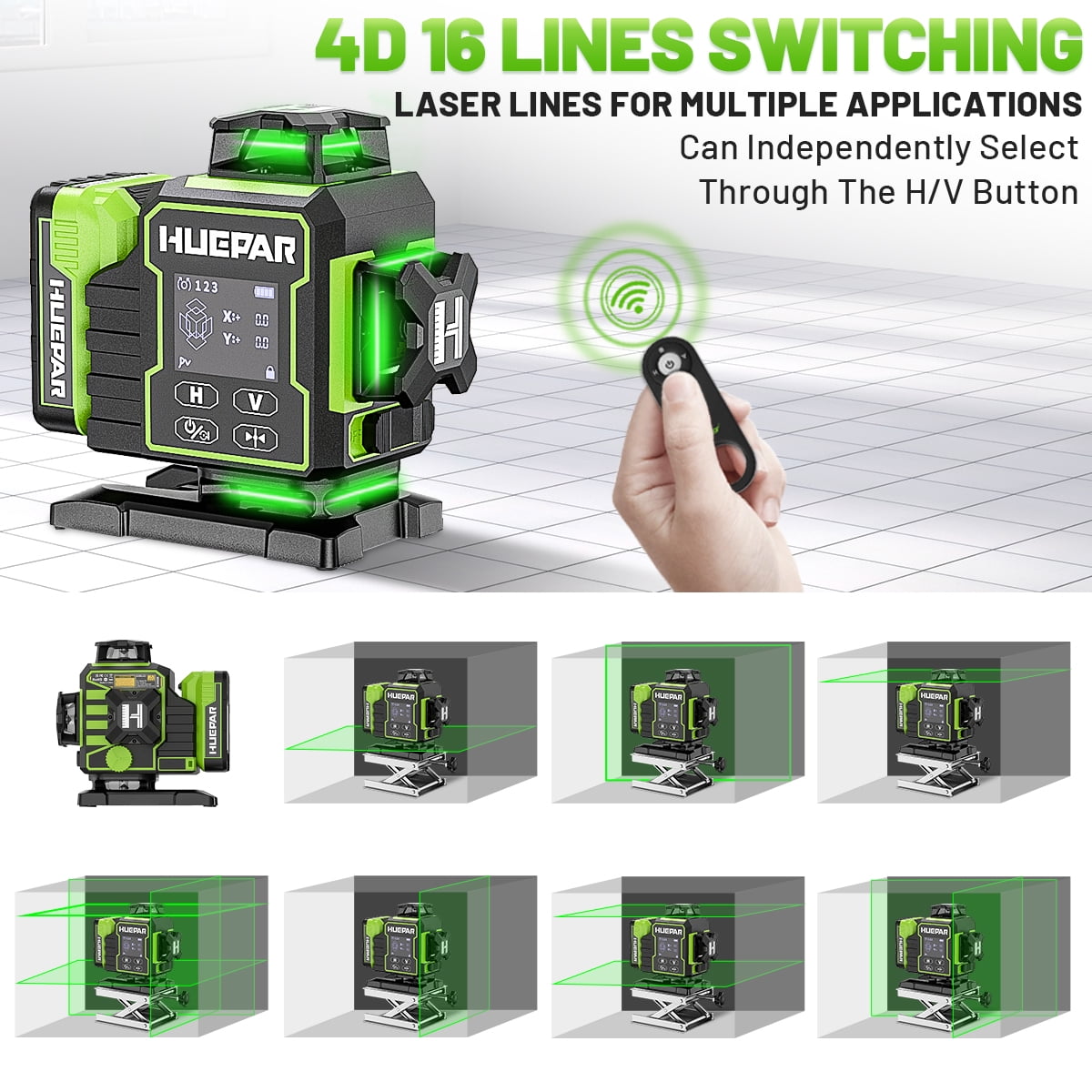 Huepar 4×360°Self-Leveling Laser Level with Backlit LCD Screen Remote Control Outdoor Pulse Mode Laser Tool with Bluetooth