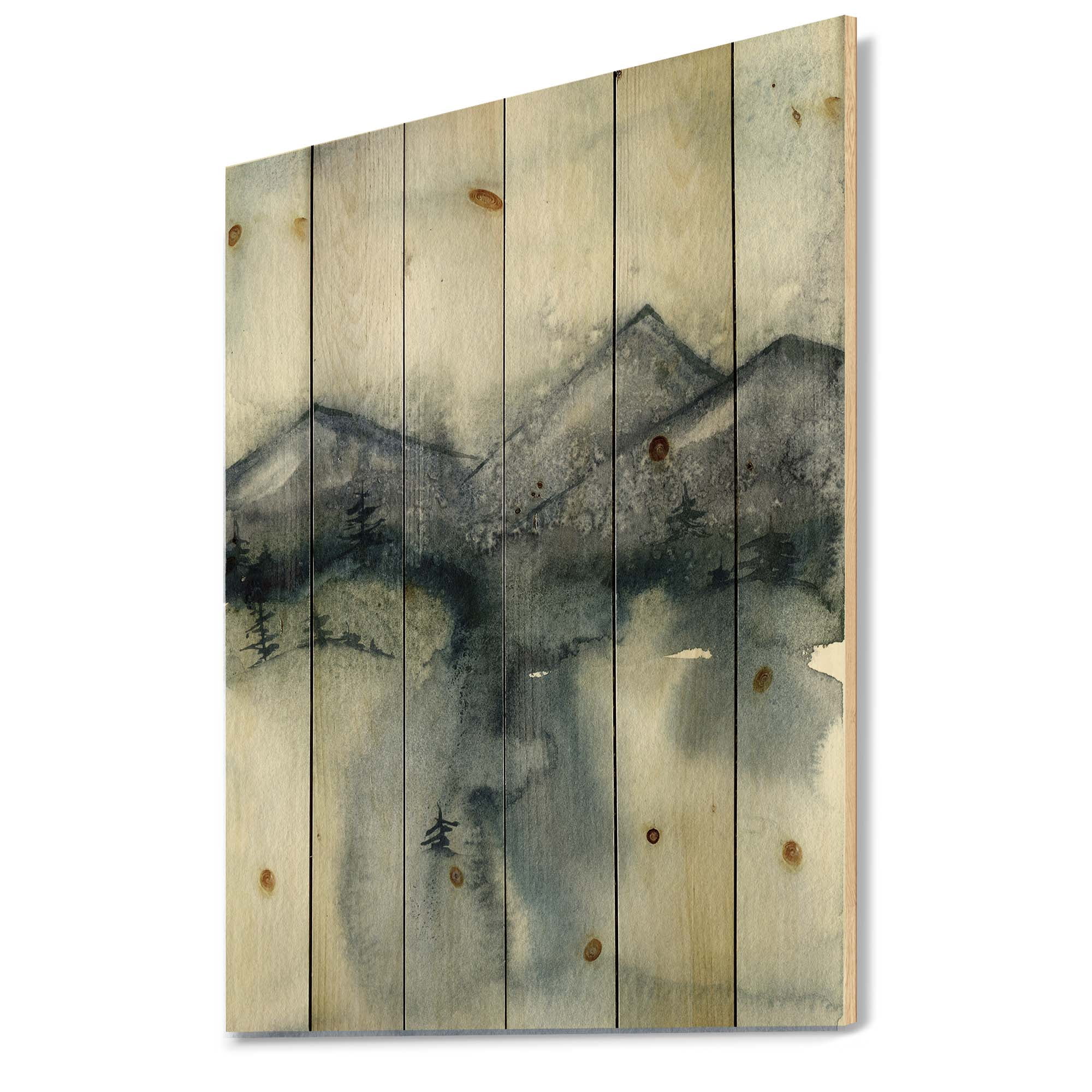 Designart 'Minimalistic Landscape of Mountains Snow and Trees' Modern Print on Natural Pine Wood