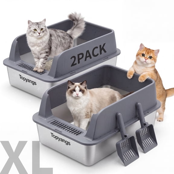 Topyangs 2 Pack Extra Large Stainless Steel Open Top Metal Cat Litter Box for Multi-Cat, Gray