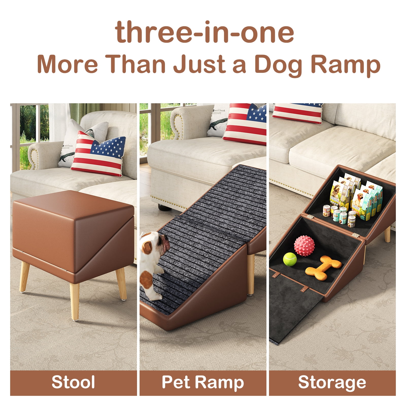 3-in-1 Dog Ramp 18.89"×17.91"×20.08" with Storage – Pet Stairs for Senior & Injured Dogs & Cats, Hidden Storage Footstool, Ottoman Anti-Slip, Supports 265 lbs for Beds & Sofas (BROWN Color)
