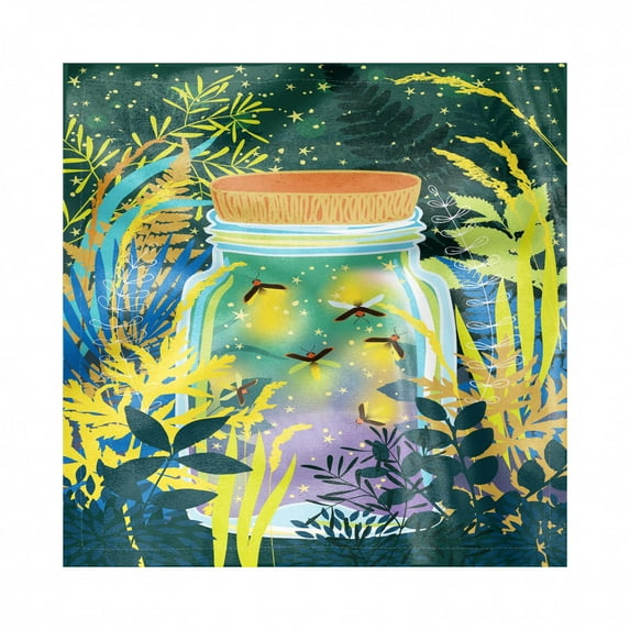 Firefly Decorative Napkins Set of 4, Surreal Forest Landscape with Magic Bugs in the Glass Jar Ferns Trees Woodland, Silky Satin Fabric for Brunch Dinner Party, 18", Multicolor, by Ambesonne