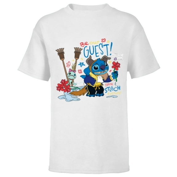 Disney 100 Stitch in Costume The Beast Be Our Guest & Scrump - Short Sleeve T-Shirt for Kids - Customized-White