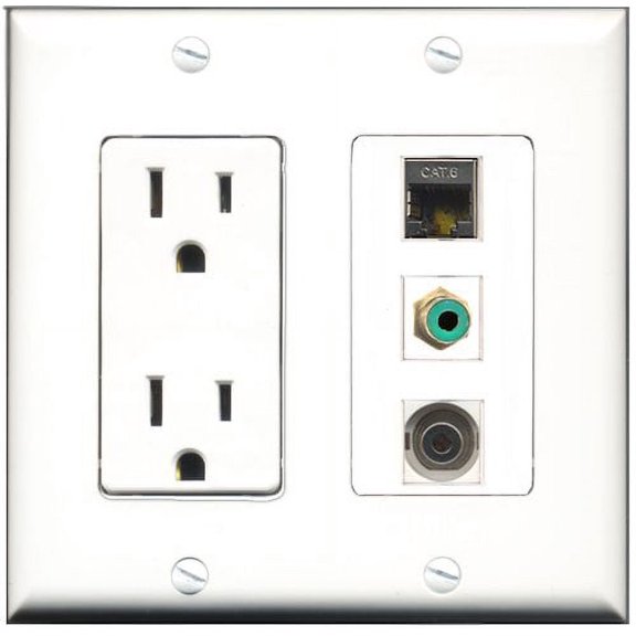 RiteAV - 15 Amp Power Outlet 1 Port RCA Green 1 Port Shielded Cat6 Ethernet Ethernet 1 Port 3.5mm Decorative Wall Plate