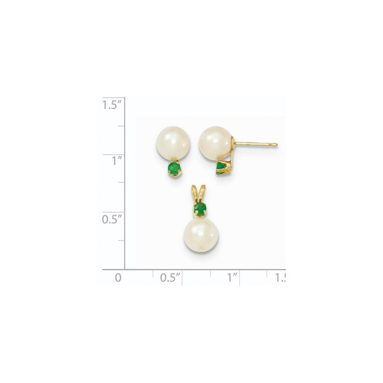 Real 14kt Yellow Gold 7-8mm White FW Cultured Pearl Emerald Stud