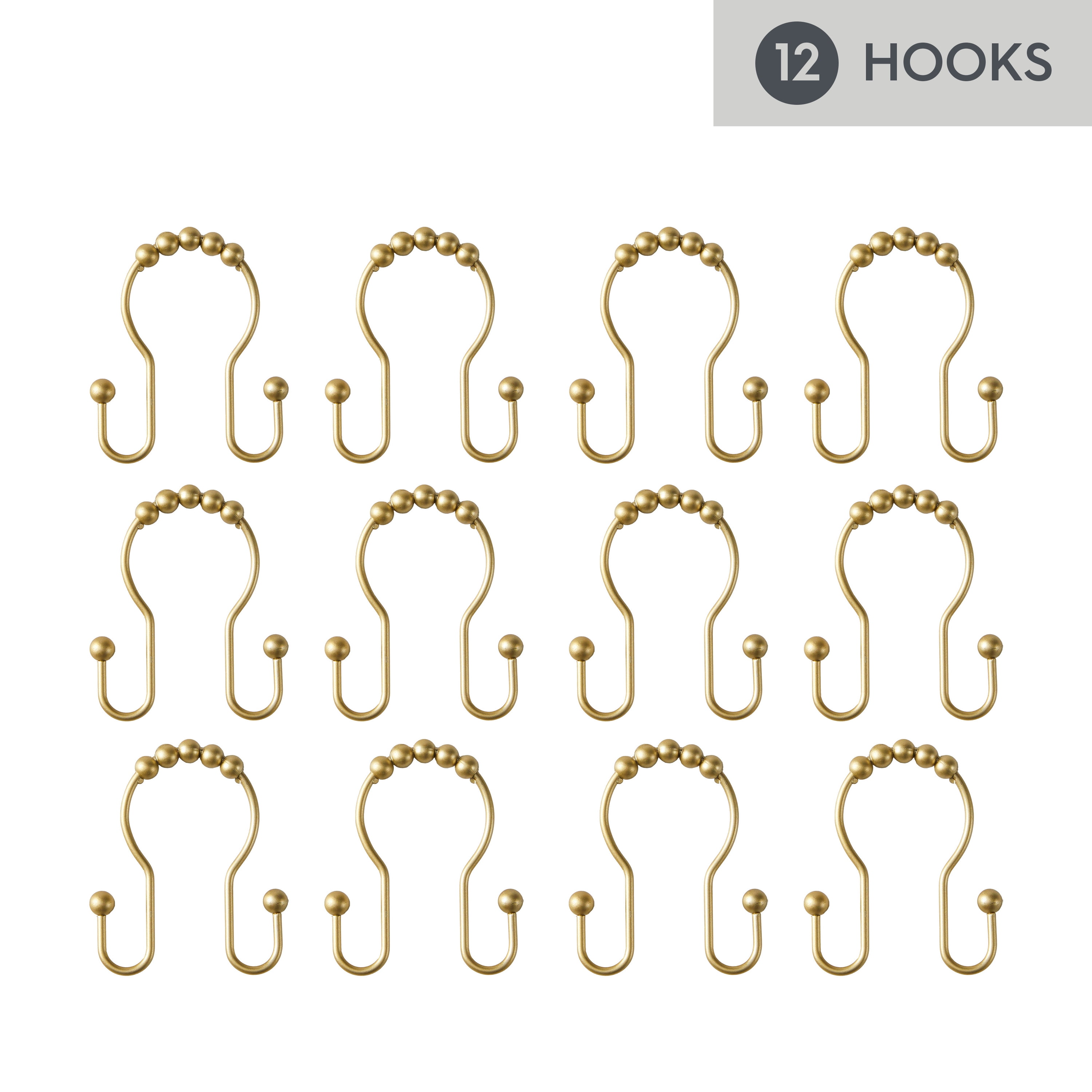 Better Homes & Gardens Rustproof Stainless Steel Double Easy Glide Shower Hooks, Brass, Set of 12