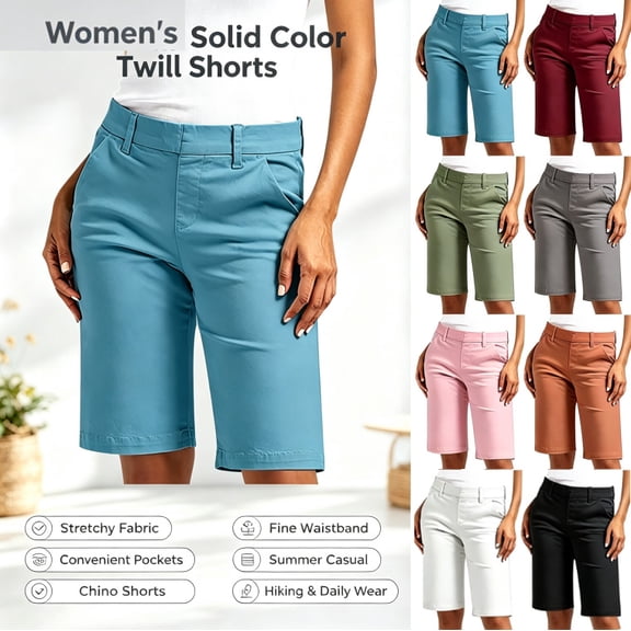 HongQid Women Cotton Twill Flat Front Uniform Stretch Chino Shorts Stretch Classic-Fit Bermuda Khaki Short Trousers Casual Walking Mid Rise Knee Length Bottoms Spring Summer Office Outdoor Wear