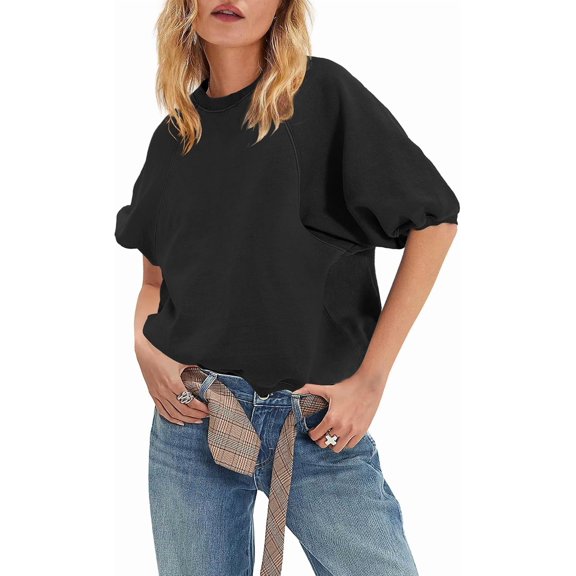 Womens Oversized Short Sleeve Sweatshirt Crewneck Puff Sleeve Top,L,Black