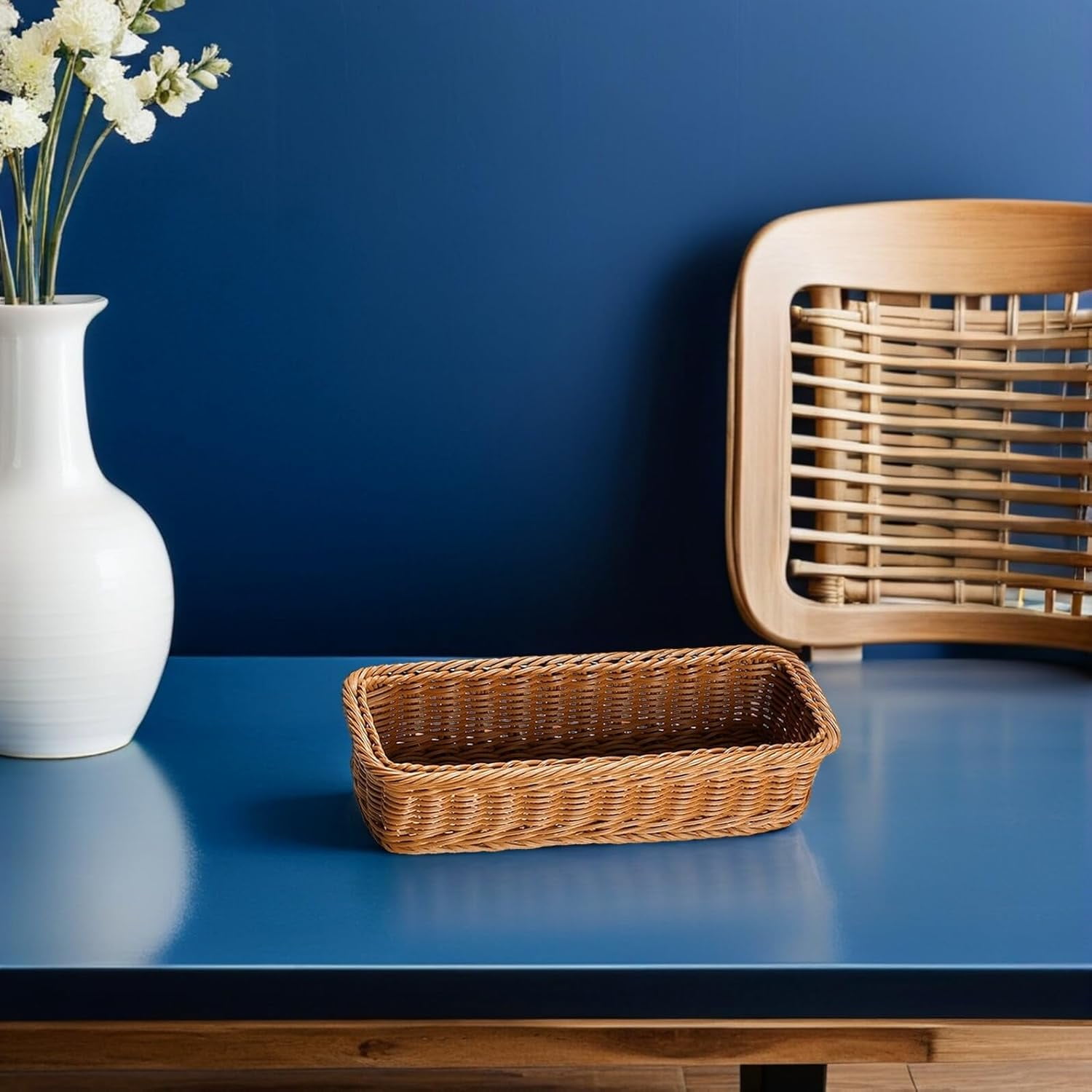 ABCISI 2pcs Wicker Cutlery Basket, Rectangular Woven Baskets Bins, Rattan Woven Utensils Holder, Cutlery Organizer Holder for Countertop, Chopsticks Storage Bucket Bread Tray Serving Tray for Kitchen