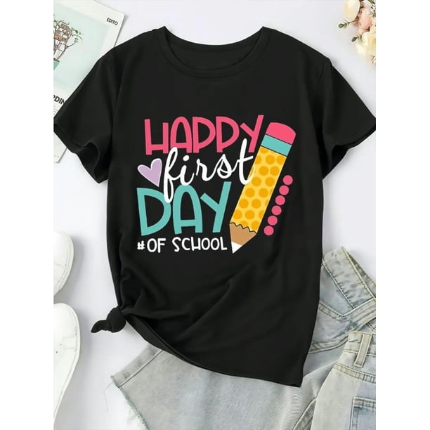 Women'S Happy First of School Printed T-Shirt, Casual Crew Neck Polyester Top with Slight Stretch, Knit Fabric, Cotton, 220gsm - Loose Plus Size for Spring/Summer/Fall