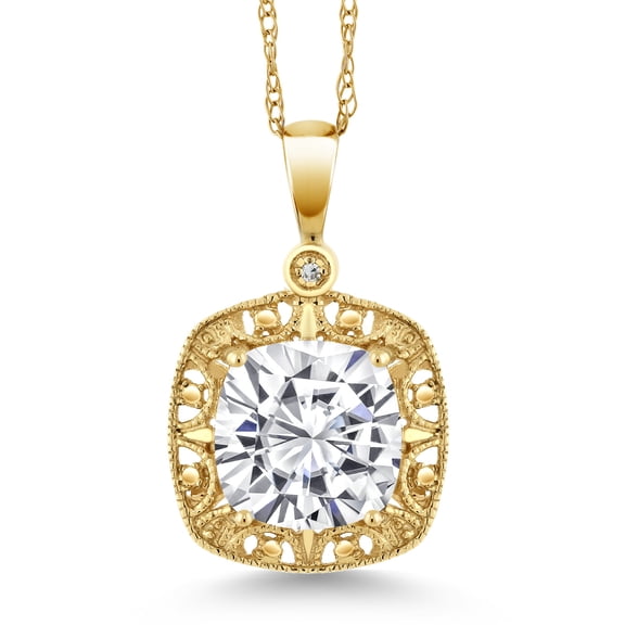 Gem Stone King 10K Yellow Gold Moissanite Pendant Necklace for Women (2.40 Cttw, Cushion 8MM)