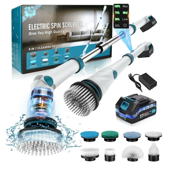 Amiluo Electric Spin Scrubber, 1200 RPM Cordless Bathroom Power Scrubber with Extension Handle & 8 Replaceable Heads, Shower Cleaning Brush for Tub Tile Floor