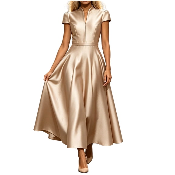 Lnmiateer Solid V Neck Cap Sleeve High Waist Flowy A Line Midi Dress Ladies Wrinkle Resistant Fabric Autumn Winter Office Daily Casual Going Out Outfit