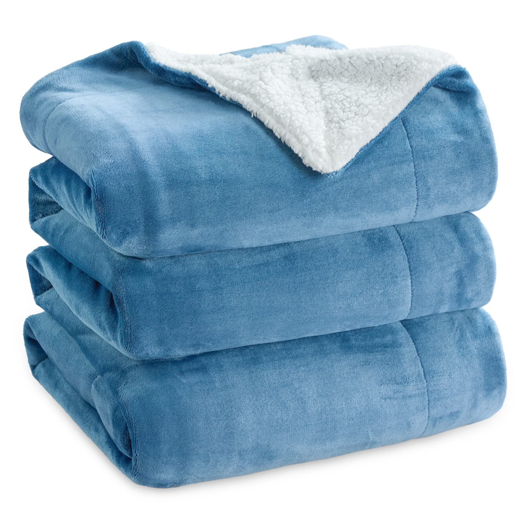 Bedsure Sherpa Fleece Bed Blankets Queen Size - Washed Blue Thick Fuzzy ...