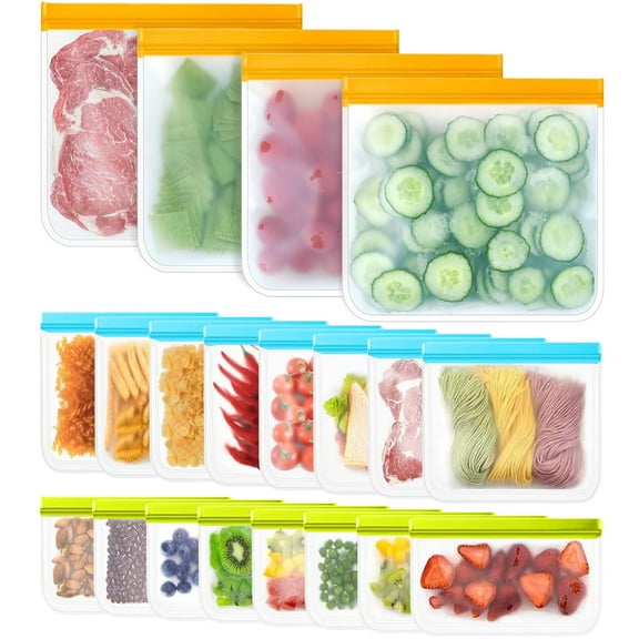 DIY.STORE 20 Pack Reusable Food Storage Bags, Dishwasher Safe Freezer Bags , BPA Free Reusable Bags Silicone, Leakproof Reusable Lunch Bag for Salad Fruit Travel - 2 Gallon 4 Sandwich 4 Snack Bags