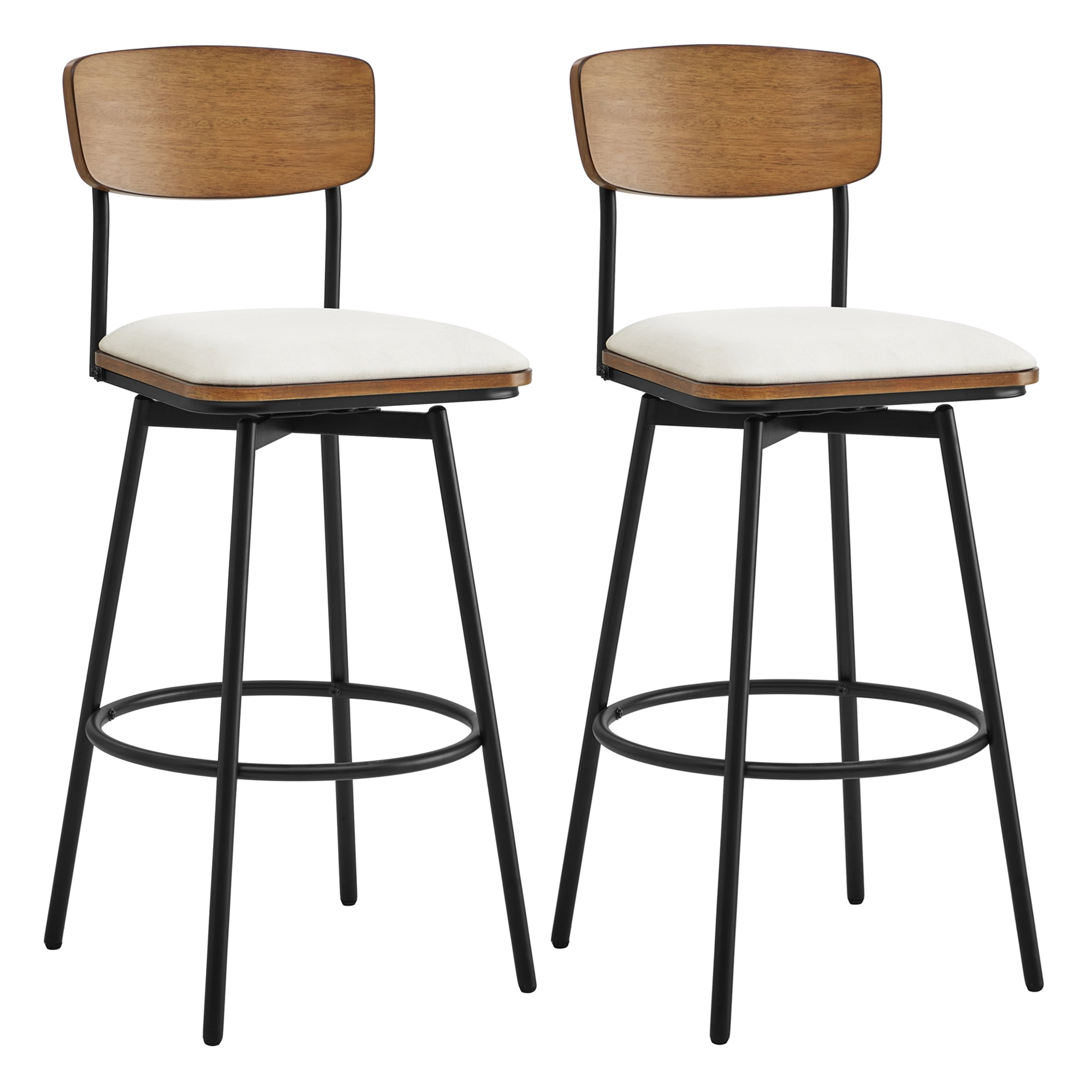 Spruce & Spring Bar Height Swivel Bar Stool with Wood Back and Metal Base Set of 2, White, Fabric