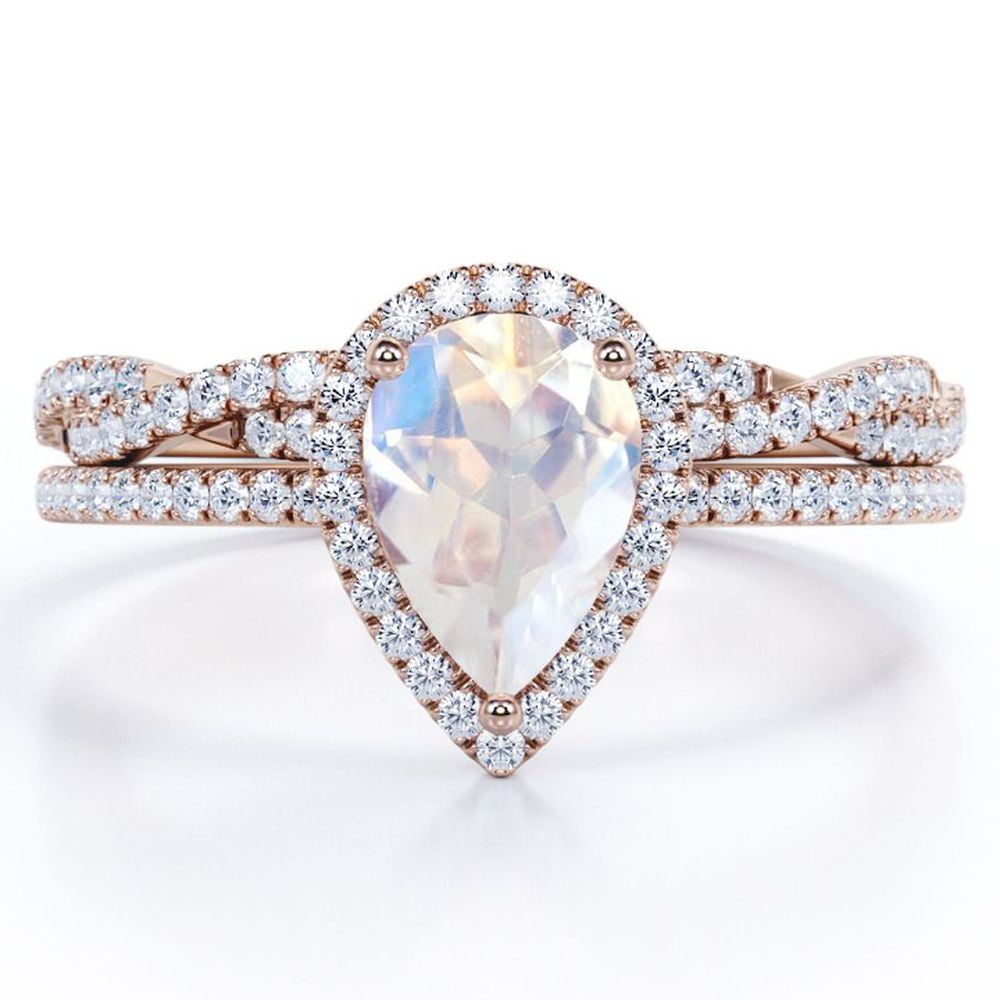 JeenMata Halo Pave Design - 1.25 Carat Teardrop Rainbow Moonstone and Moissanite - Infinity Twisted Shank Wedding Ring Set - 18K Rose Gold Plating over Silver