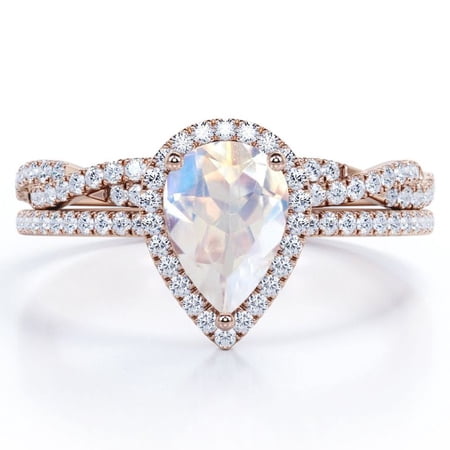 JeenMata Halo Pave Design - 1.25 Carat Teardrop Rainbow Moonstone and Moissanite - Infinity Twisted Shank Wedding Ring Set - 18K Rose Gold Plating over Silver