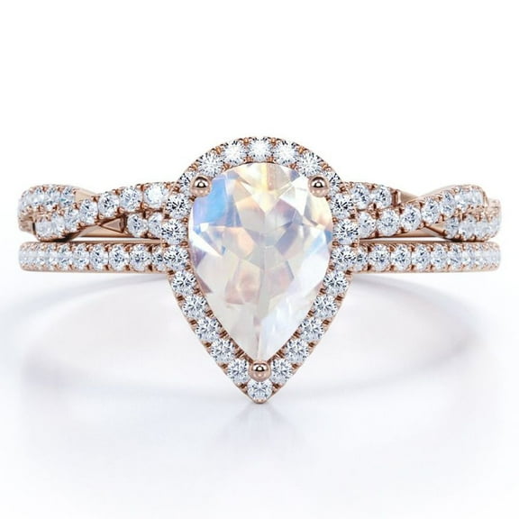 JeenMata Halo Pave Design - 1.25 Carat Teardrop Rainbow Moonstone and Moissanite - Infinity Twisted Shank Wedding Ring Set - 18K Rose Gold Plating over Silver