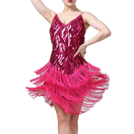 

wsevypo Women s Glitter Sequin Dress Sparkling Sequins Gowns Ballroom Dance Costume Tassels Sequins Sleeveless Drop Dress