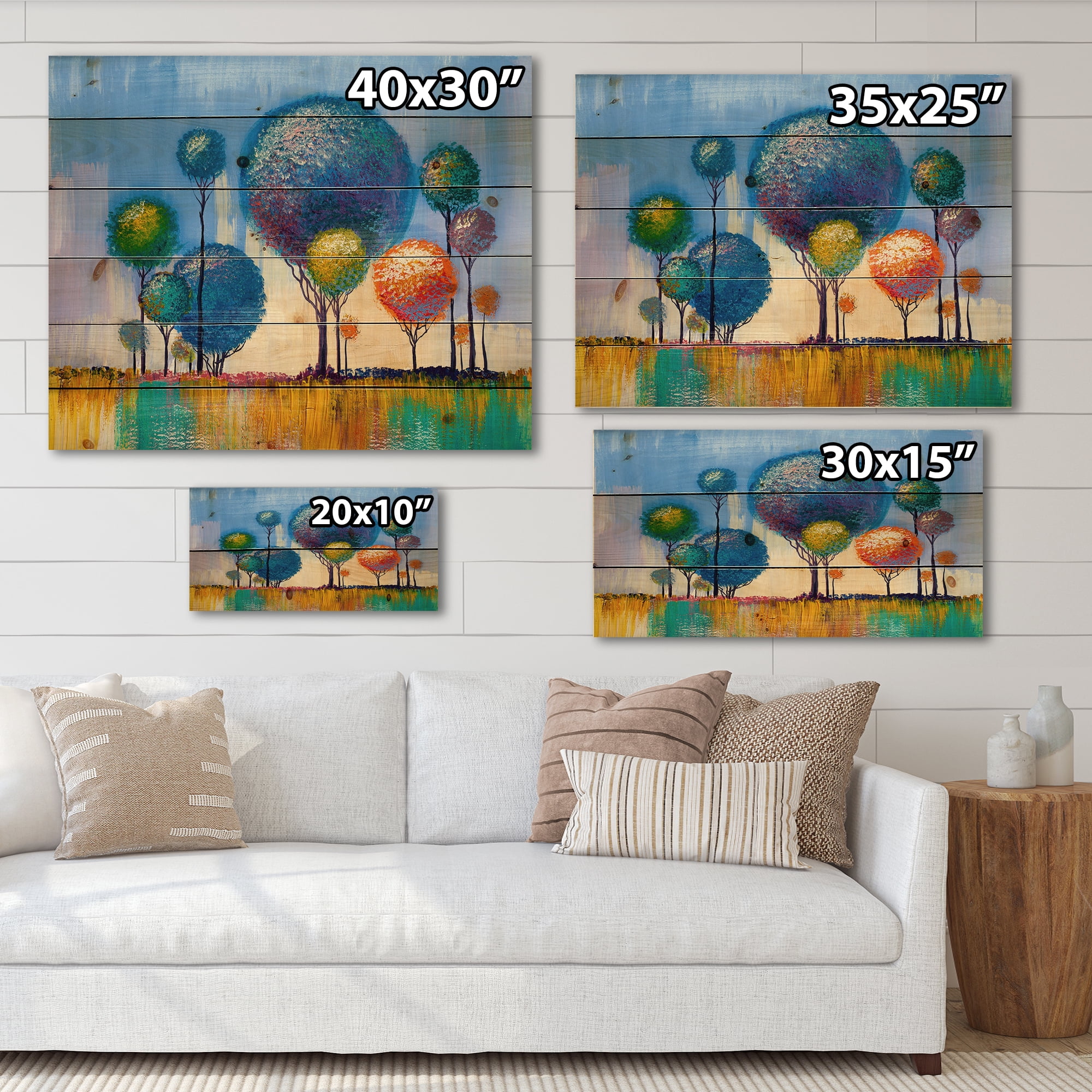 Designart 'Colourful Landscape Trees Impressionist I' Modern Print on Natural Pine Wood