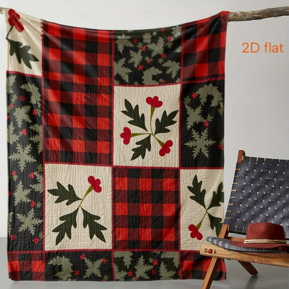 Luxurious Buffalo Plaid Quilted Blanket - Red and Plaid with Daisy and Snowflake Patterns, Machine Washable, Comfortable for Winter and Autumn