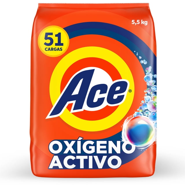 Detergente en Polvo Ace limpieza Rápida con Oxígeno Activo, 51 Cargas (5.5 kg)