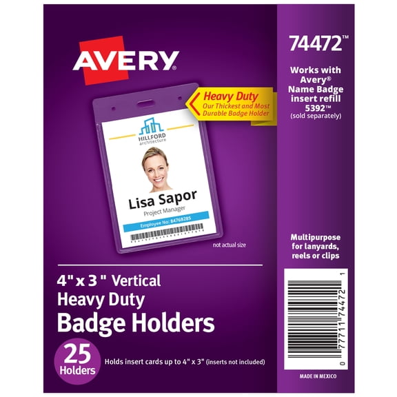 Avery Heavy Duty Badge Holders, 4" x 3", 25 Total (74472)