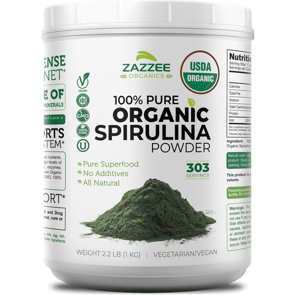 Zazzee USDA Organic Spirulina Powder – 2.2 Pounds (1 KG) – 303 Servings – 100% Pure, Non-Irradiated & Kosher – Fresh Smell & Neutral Taste – Mess-Free Wide Mouth Container – Non-GMO • Gluten-Free • M