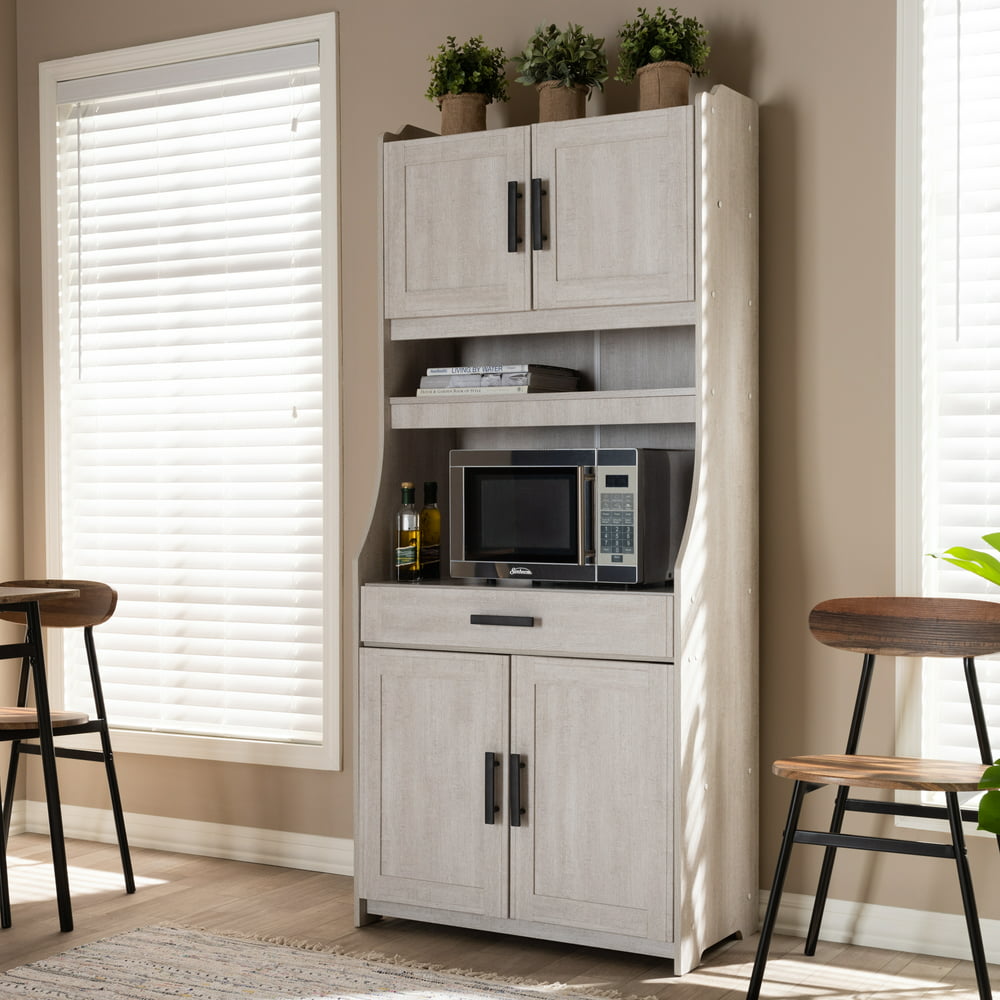 Baxton Studio Portia 6-Shelf White-Washed Wood Kitchen Storage Cabinet