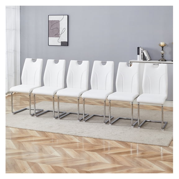 White PU Dining Chair Set.Uniquely designed white dining chairs. PU material, paired with silver metal chair legs. Suitable for offices, restaurants, kitchens, conference rooms, etc.(Set of 6)