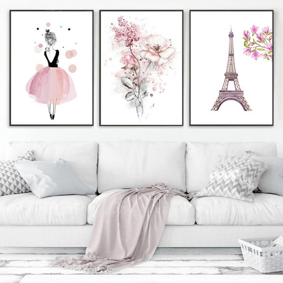 3pcs Cute Pink Ballerina Dancer Girl Prints Eiffel Tower Decor Flower Art Prints for Bedroom Play Room Kids Girls Wall Art Unframed