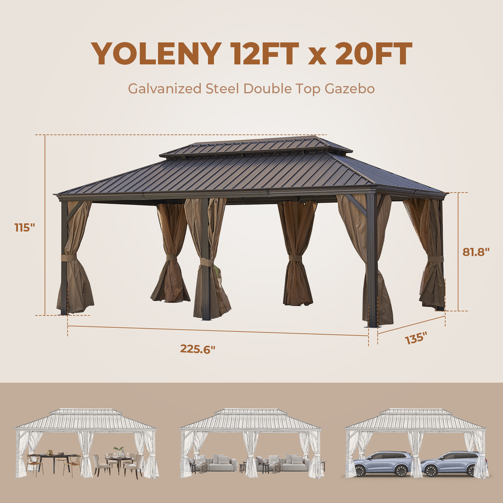 MEWANG 12'x 20'Outdoor Hardtop Gazebo, Double Roof Metal Canopy Gazebo with Aluminum Frame,Backyard Gazebo with Curtains and Nettings for Patios, Gardens, Parties.
