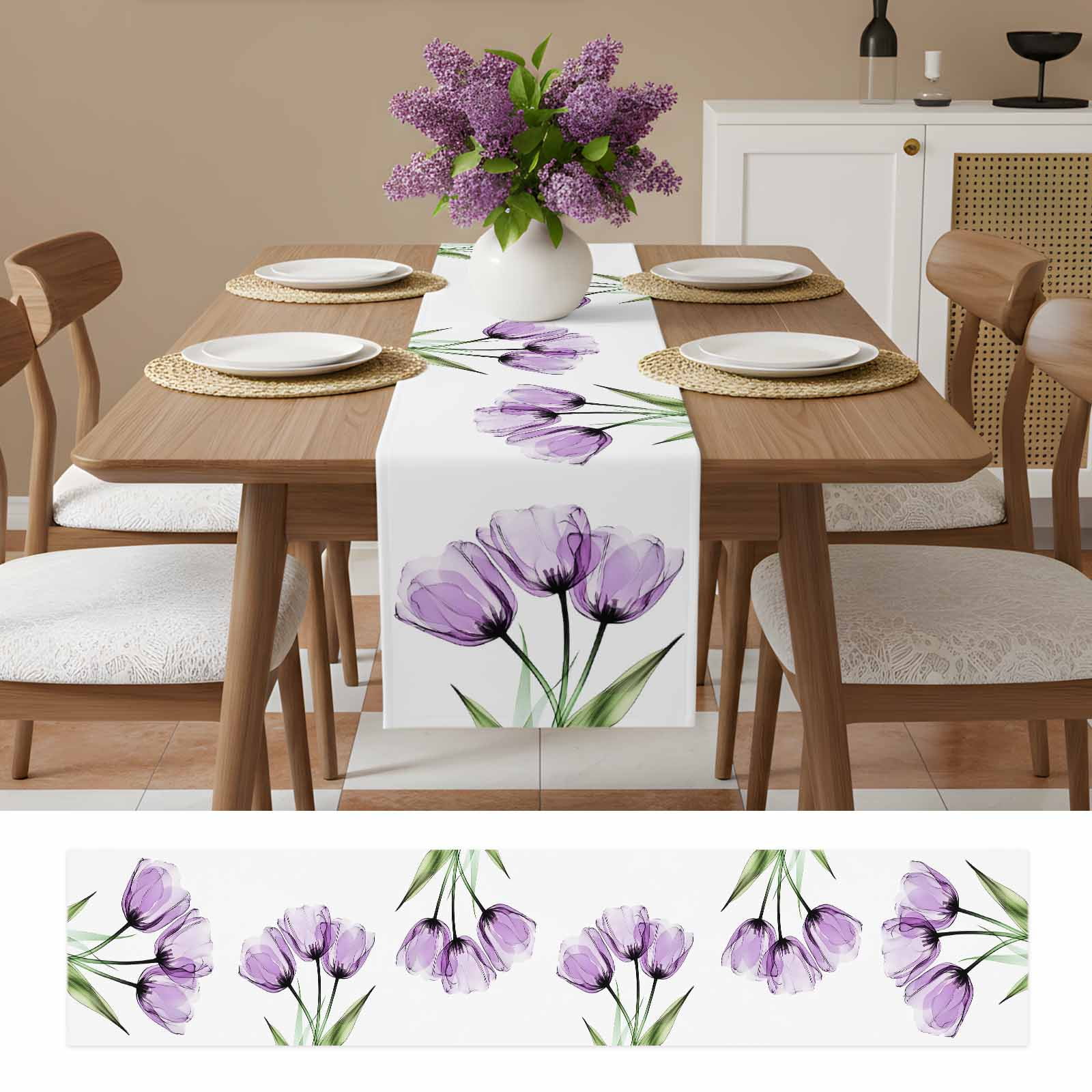 Purple Tulip Table Runner, Modern Blossom Pastel White Floral Petal Washable Cotton Linen Table Runners 108 Inches Long, Dresser Scarf Runner for Dining/Living Room/Kitchen/Square Tables 13''x108''