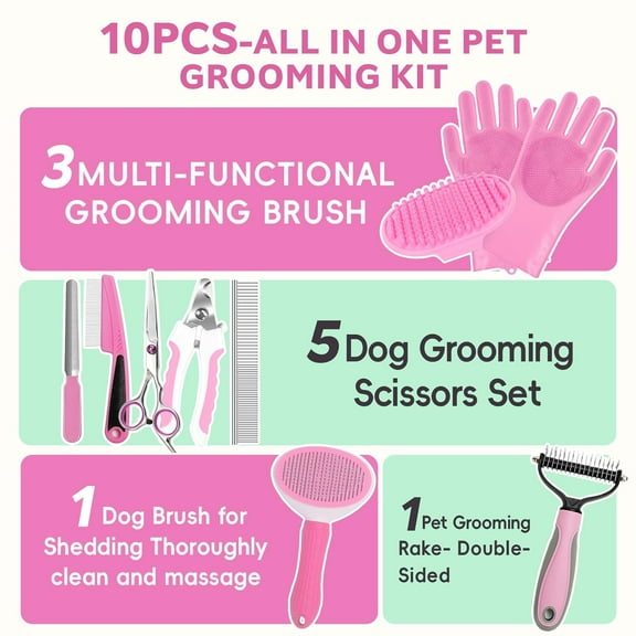 Pet Grooming Kit 10pcs, Dog Brush for Shedding, Nail  & Bath Supplies for Dogs & Cats