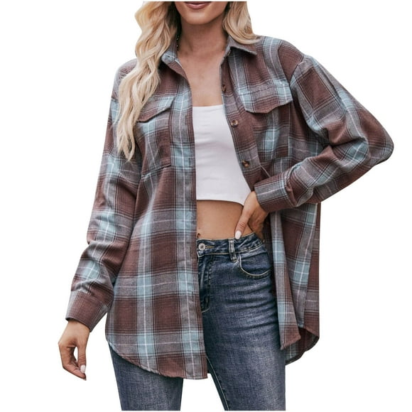 PEZHADA Chemise-Veste Décontractée à Carreaux pour Femme, Veste Chemise à Boutons à Manches Longues, Cardigan, Manteau avec Poche, Vert