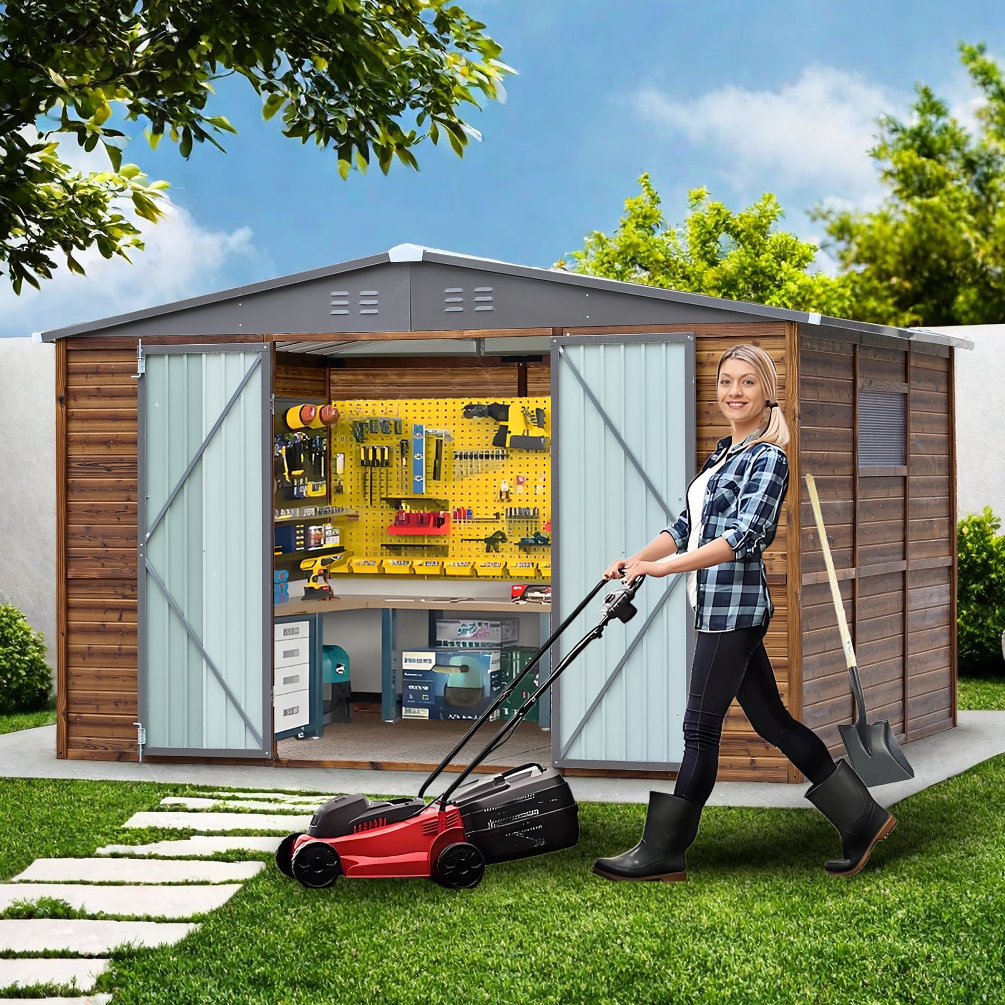 8 ft. W x 10 ft. D Outdoor Iron & Solid Wood Tool Storage Shed with Two Doors and Windows