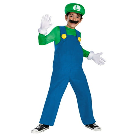 Mario Brothers Boys Deluxe Luigi Costume With Inflatable Belly Gloves & Hat