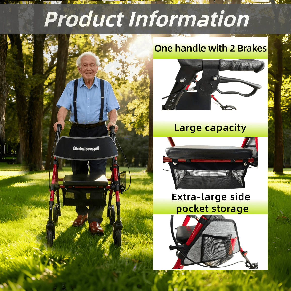 GLOBALSEAGULL, Rollator Walker, Lightweight Foldable Aluminum, Red