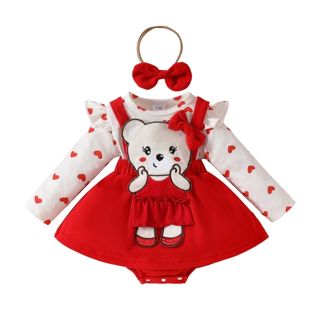 FAOWME Robe Triangle à Manches Longues Cœur Dessin Animé Douce pour Bébé Fille Robe Rouge avec Nœud Rouge 9-12 Mois