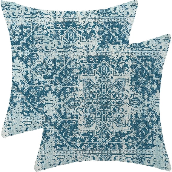 Boho Pillow Covers Set of 2 18x18 Inch Lake Blue Bohemian Carpet Pattern Decorative Outdoor Throw Pillows for Farmhouse Vintage Sofa Couch Bed Decor Perfect for Cozy Spaces