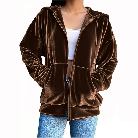 Guieoi Plus Size Jackets Womens Oversized Velvet Sweatshirts Hooded Long Sleeve Zipper Hoodie with Pocket Brown Black*Friday/Cyber*Monday