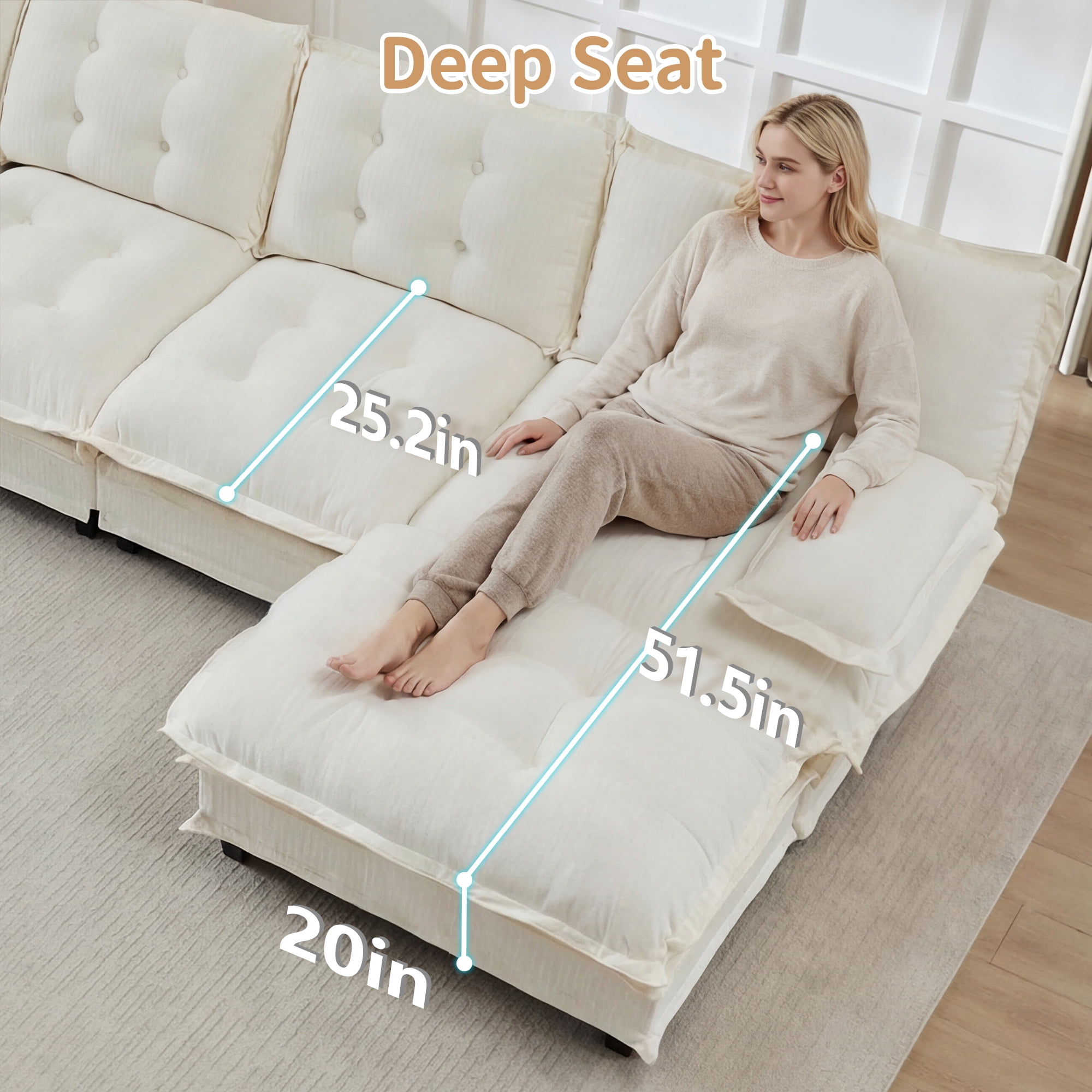 Alvantor L-Shaped Sectional Sofa 3-Seater Cloud Couch for Living Room, Easy Assembly Beige