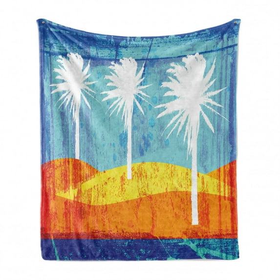 Burnt Orange Soft Flannel Fleece Blanket, Contemporary Motley Stained Distressed Tropic Beach with Palms Graphic, Cozy Plush for Indoor and Outdoor Use, 60" x 80", Orange Blue White, by Ambesonne
