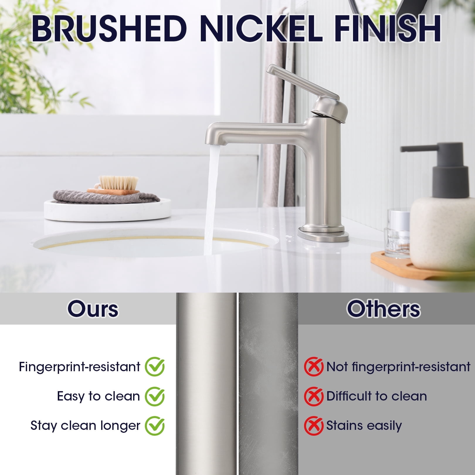 Wowkk Bathroom Sink Faucets Brass Single Handle Bathroom Faucets with Deck Plate 1 Hole or 3 Hole and Supply Hoses, Modern Straight Spout Vanity Faucet for RV Restroom Hotel, Brushed Nickel