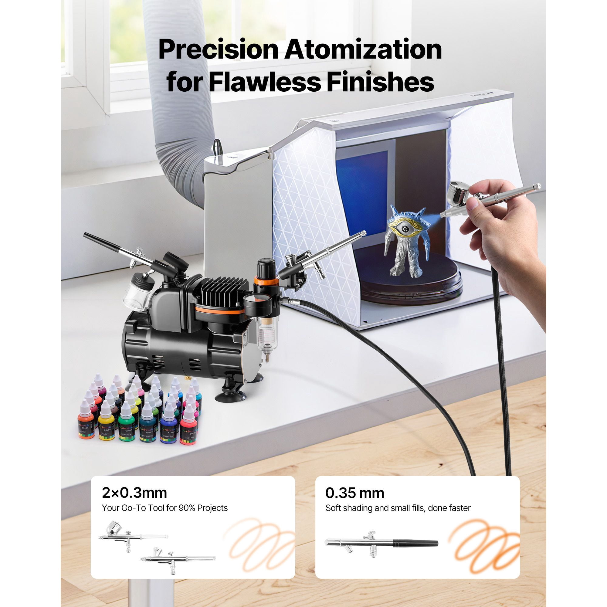 Airbrush Kit with Compressor, 1/6 HP, 3 Professional Dual-Action Airbrushes, Low Noise, for Cake Decorating, Nail Art, Model Painting, Includes Hose, Acrylic Paint, and Brush